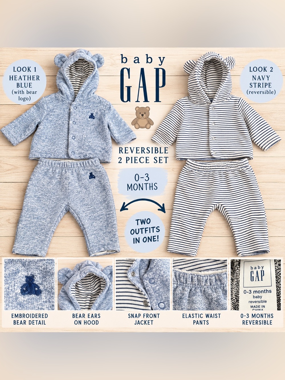 Baby Gap Reversible 2 Piece Hoodie Pants Set 0-3M Blue Stripe